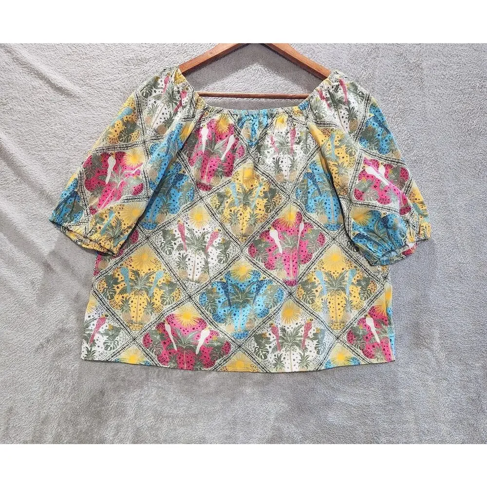 LOFT Palm Puff Sleeve Square Neck Tropical Blouse Size Medium Boho Resort Beach